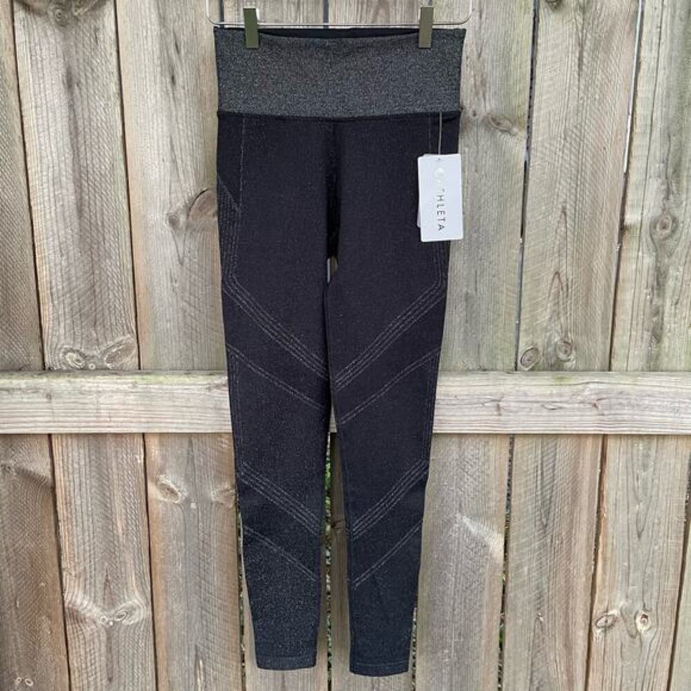 Athleta Lurex Tight Black Silver Sparkle High Waist Small NWT Holiday Winter